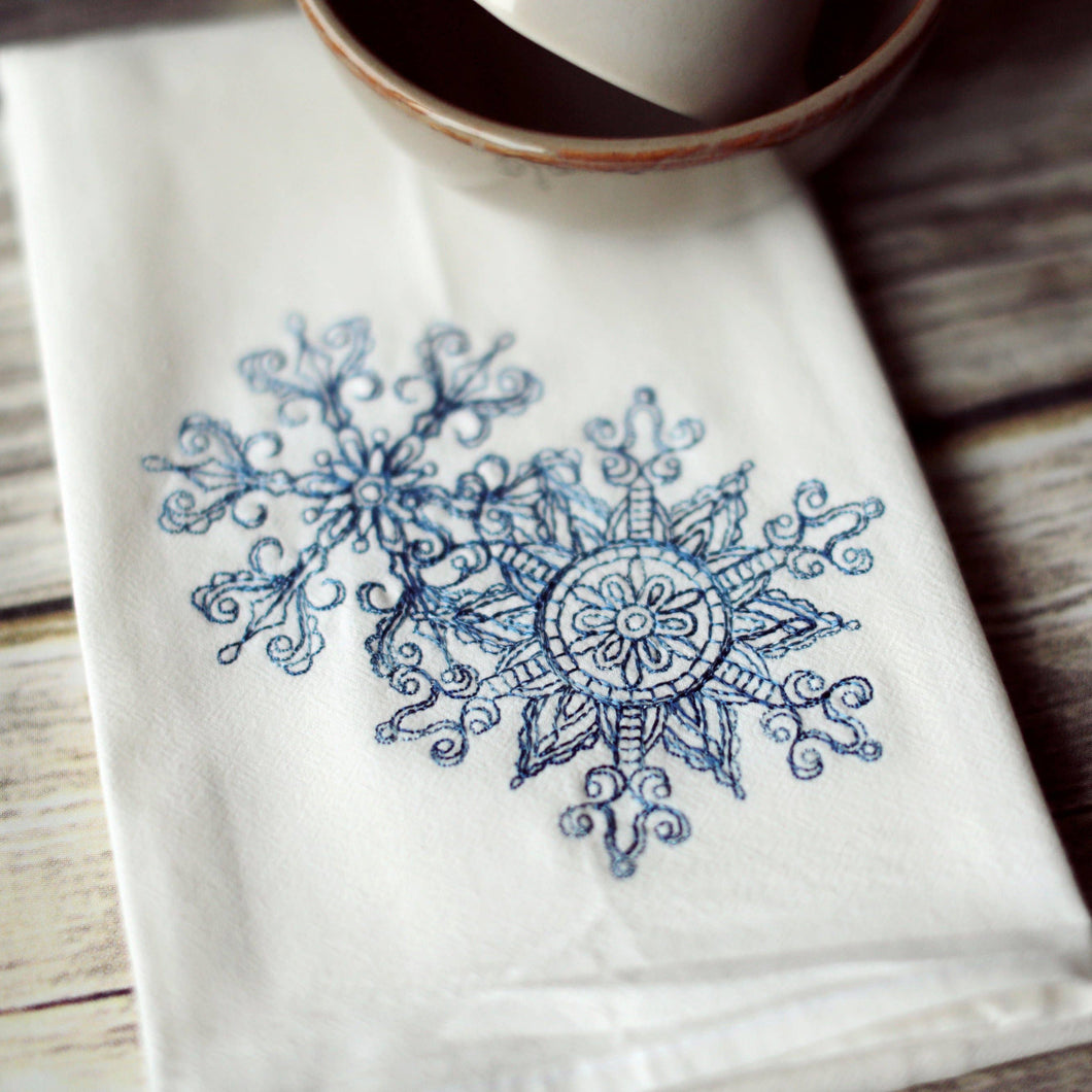Winter Lace Snowflakes Tea Towel Embroidered - Holiday Decor