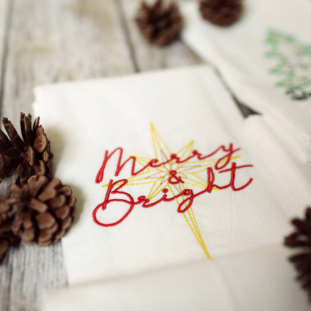 Merry & Bright Tea Towel Embroidered - Holiday Kitchen Decor