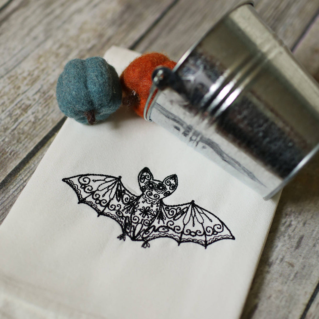 Fall Lace Bats Tea Towel - Embroidered - Halloween Decor